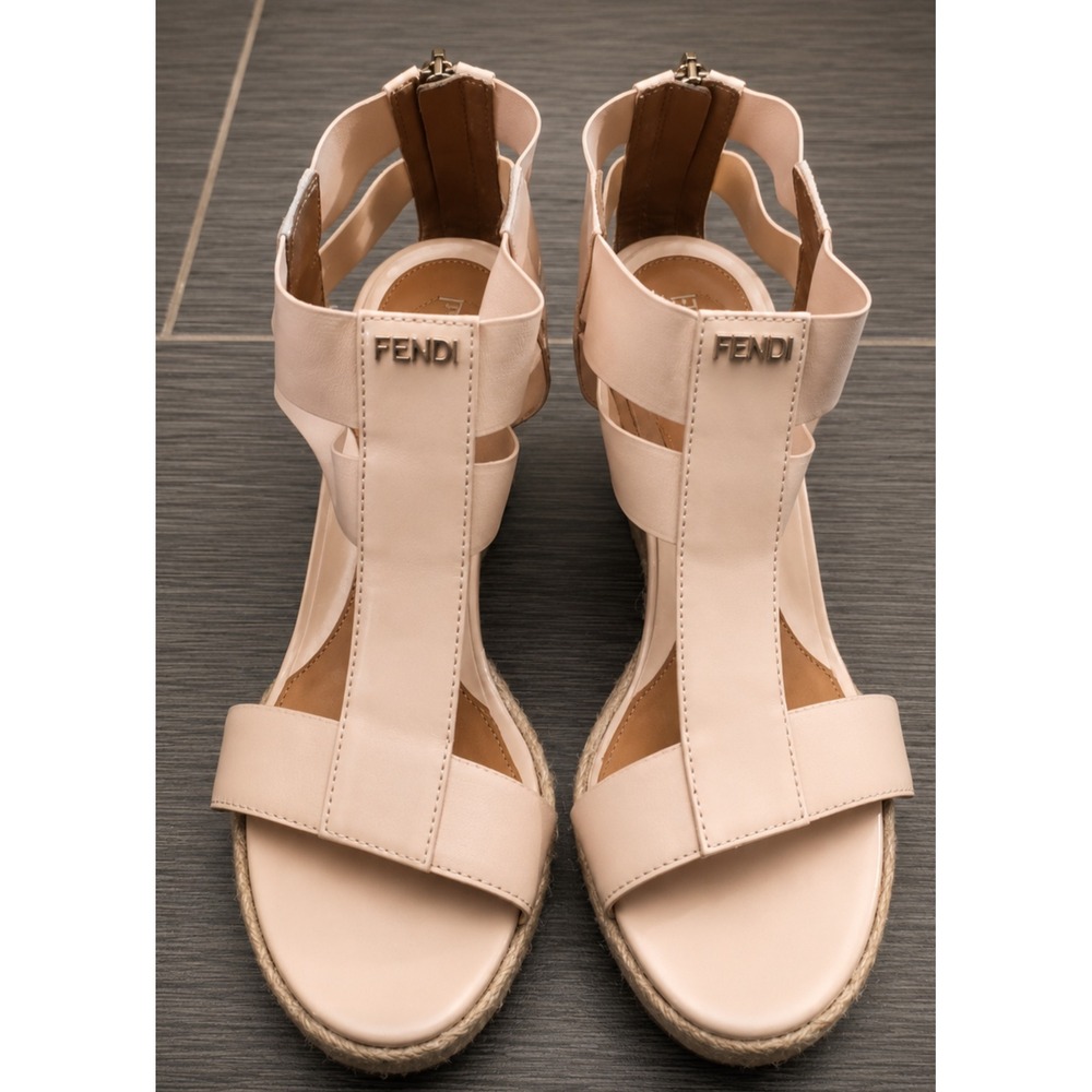 Fendi Blush Pink Patent Leather Espadrille Wedge Sandals Logo Cage Straps 35.5